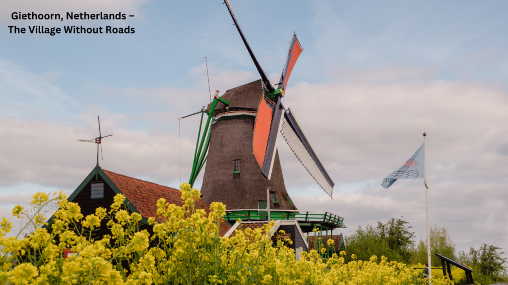 "A serene canal in Giethoorn, Netherlands, known as the 'Village Without Roads,' with charming thatched-roof cottages and lush greenery, one of the best hidden gem destinations in Europe."