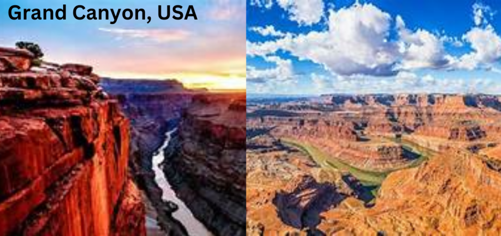 Grand Canyon aerial view with colorful cliffs and ravines, one of the best places to visit in the USA."