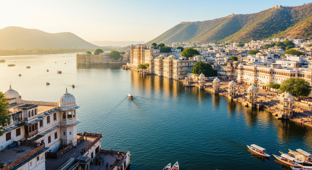 Romantic boat ride on Lake Pichola in Udaipur – a royal yet cheap place to honeymoon.