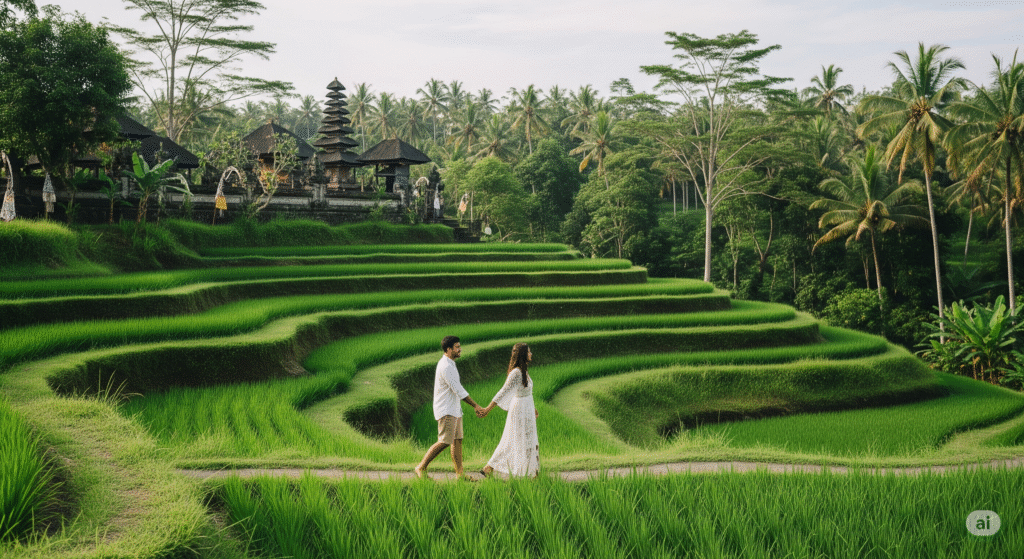 Romantic couple enjoying sunset at a beach resort in Bali – one of the best cheap places to honeymoon internationally.