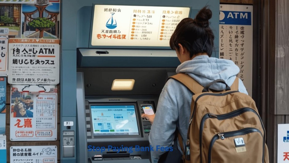 Tourist using ATM in Japan to save money on transaction fees